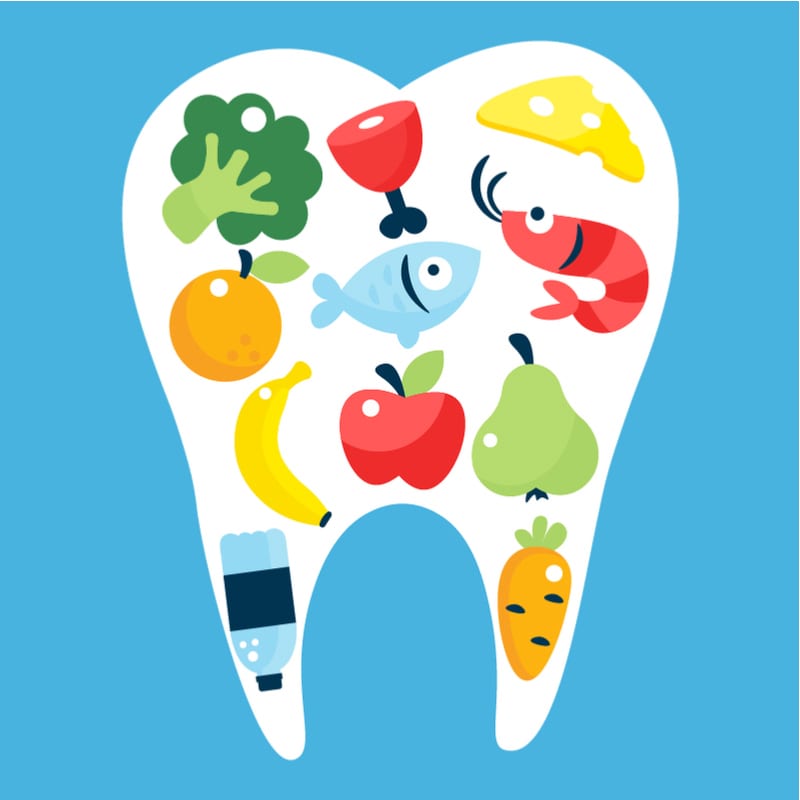 Healthy snacking concept with tooth and nutritious foods