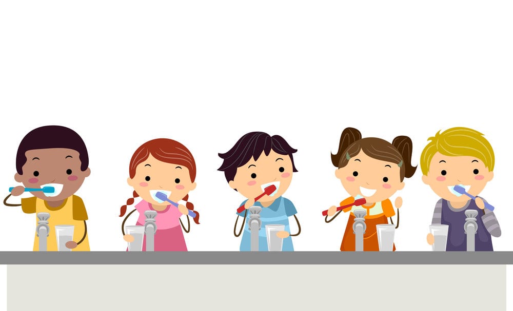 5 children brushing their teeth - illustration