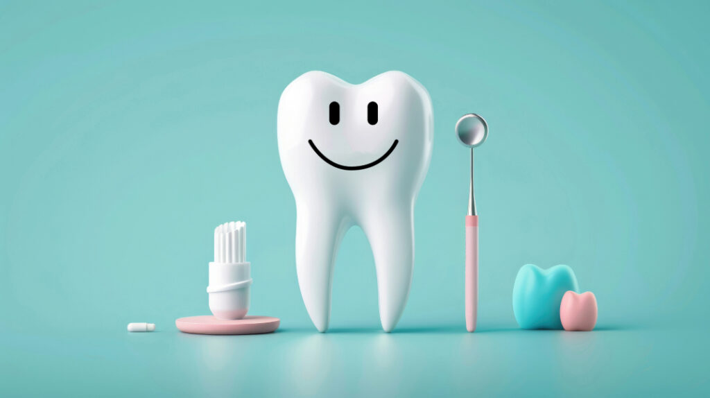 Cartoon tooth on teal background with dental accessories.