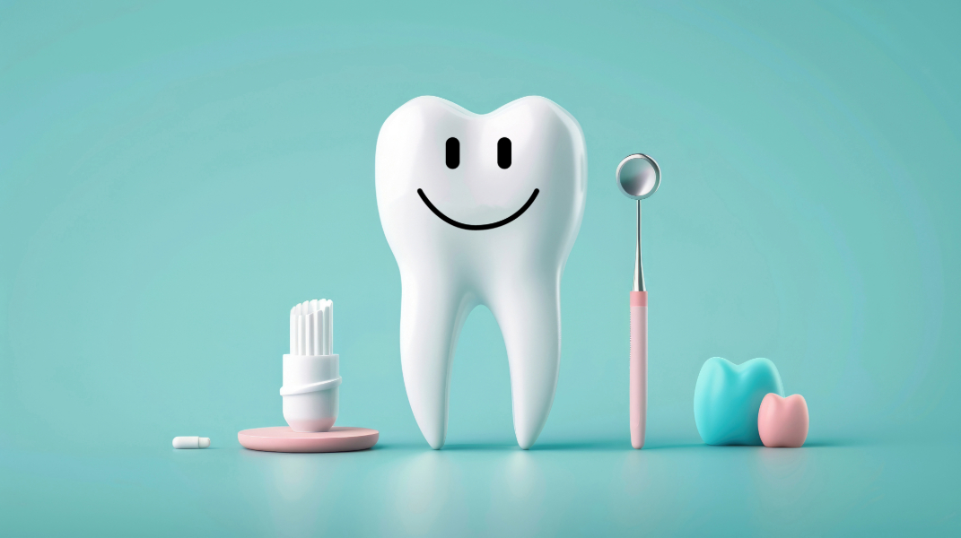 Cartoon tooth on teal background with dental accessories.